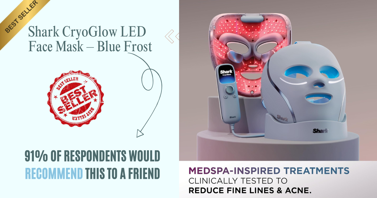 Shark CryoGlow LED Face Mask – Blue Frost FSAHSA Eligible Anti-Aging & Blemish Repair Red, Blue & Infrared Light Therapy Under-Eye Cooling, USB-C Rechargeable, Remote Control & Storage Bag – FW312