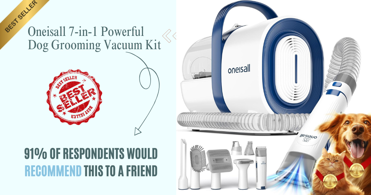 oneisall 7-in-1 Powerful Dog Grooming Vacuum Kit – Pet Grooming Vacuum with Clipper & Nail Grinder, 1.5L Dust Cup, Deshedding Brush for Shedding Hair & Home Cleaning